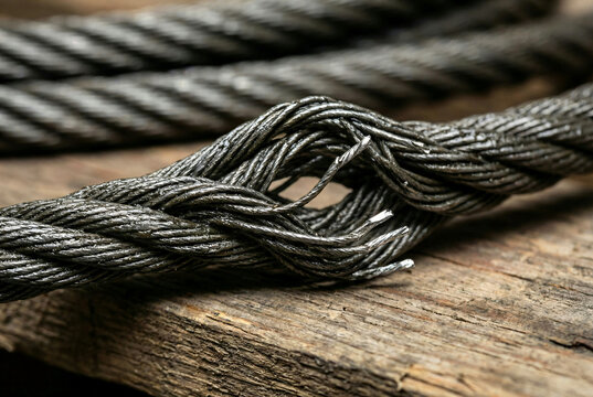 Damaged steel wire rope showing frayed strands and structural fatigue risk