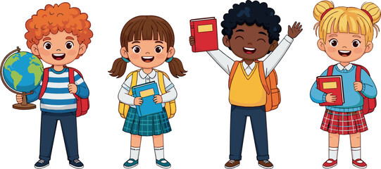 Cute school kids vector set with diverse boys and girls holding books, backpacks, globe, and cheerful educational cartoon characters © MdNazmul