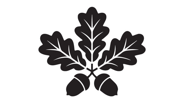 A black and white illustration of three oak leaves with two acorns at the base, symbolizing nature and growth