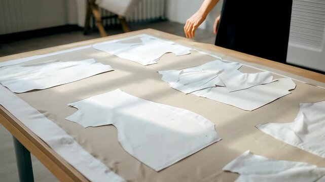 Garment pattern pieces arranged on worktable during clothing production process showing precise tailoring preparation and fashion design workflow