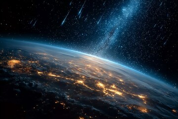 Stunning Earth at Night Surrounded by a Starry Sky and Shooting Stars