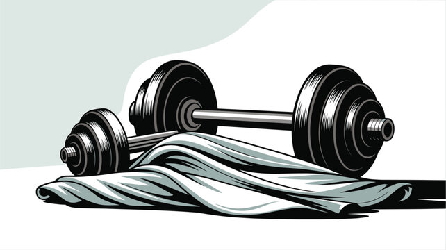 A vector graphic illustration of a dumbbell and towel on a fitness background