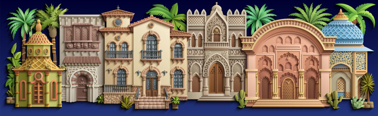 Obraz premium Papercut style vector of a Mediterranean villa with balconies, arches and lush tropical plants, layered paper look, elegant symmetrical architecture for modern design use