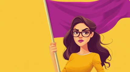 Fototapeta premium Confident woman holding a purple flag, wearing glasses and a yellow shirt, stands against a vibrant yellow background, symbolizing empowerment and activism in a modern illustration style