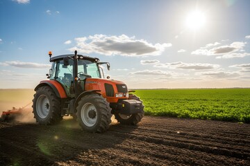 Fototapeta premium Tractor drives through field under sunny sky with clouds and green crops