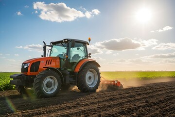 Obraz premium A tractor plows a field on a sunny day with clouds in the sky and a vast landscape.