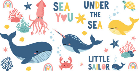 Cute under the sea vector set with whales, narwhal, squid, crab, turtle, coral, sea stars, and playful ocean quote elements © MdNazmul