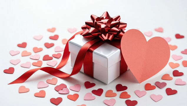 A romantic gift box with red ribbon and hearts on white background for valentine's day celebration