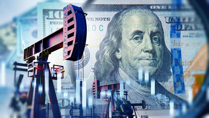 Oil production economics and energy finance in the United States. Pumpjacks operate in front of the US dollar as markets react to crude oil prices. © Grispb