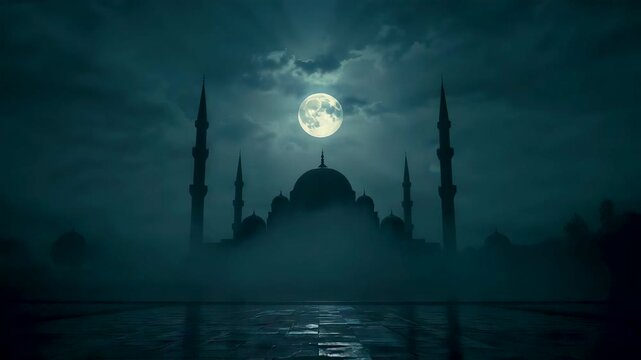 Moonlit mosque silhouette with towering minarets reflected on calm water under dramatic night sky creating serene spiritual architecture scene
