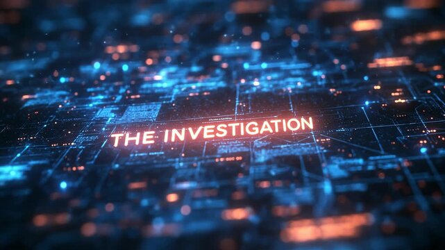 High-tech The Investigation title on a futuristic data circuit board. Concept for cybersecurity and journalism. Perfect for news and documentary intros