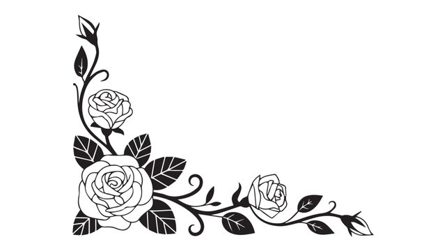 Elegant black and white vector illustration of blooming roses and foliage, gracefully forming a decorative corner motif, perfect for borders and embellishments