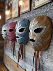 Colorful luchador masks on rustic wooden wall in restaurant