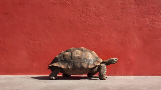 ortoise walking slowly along a smooth surface in front of a vibrant red wall, showcasing its textured shell and distinct features in a clear outdoor setting