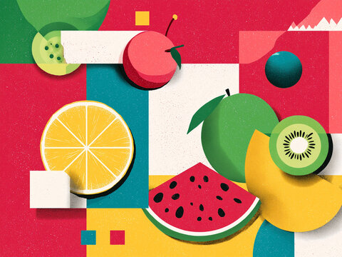 Cookie and fruits on a bright geometric retro background, 1950s movie poster style, bold colors, minimalist composition, cinematic pop art vibes.