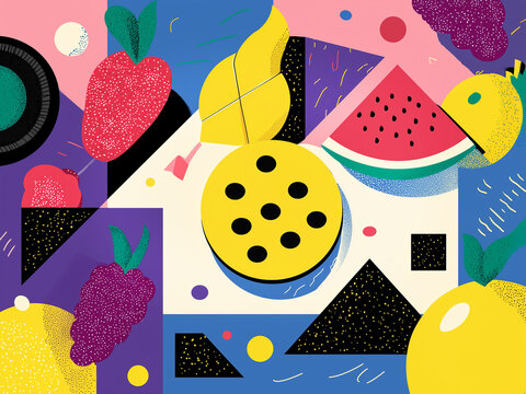 Cookie and fruits on a bright geometric retro background, 1950s movie poster style, bold colors, minimalist composition, cinematic pop art vibes.