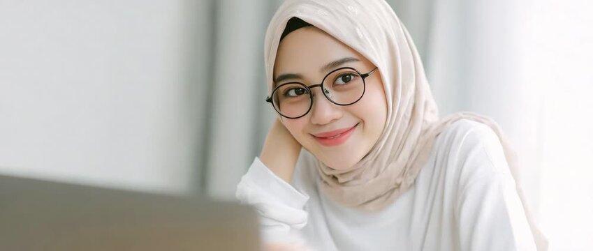 Beautiful Young Asian Muslim Woman Wearing Hijab and Eyeglasses Relaxing Indoors