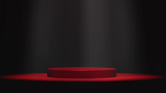 Red podium for product show case, for cosmetic product display stand with minimalist black background and soft lighting and shadows, modern architectural backdrop, 3d rendering