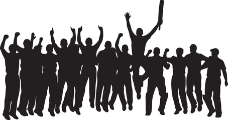 Silhouette of cricket team celebrating victory jumping in air against white wall