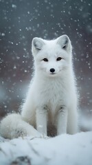 Obraz premium Arctic fox in snowy winter forest with white fur and cute wild appearance