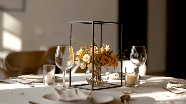Elegant dining table setting with floral centerpiece glassware and soft natural light creating a refined modern restaurant or home interior scene