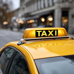Yellow taxi cab waiting on urban street with blurred background