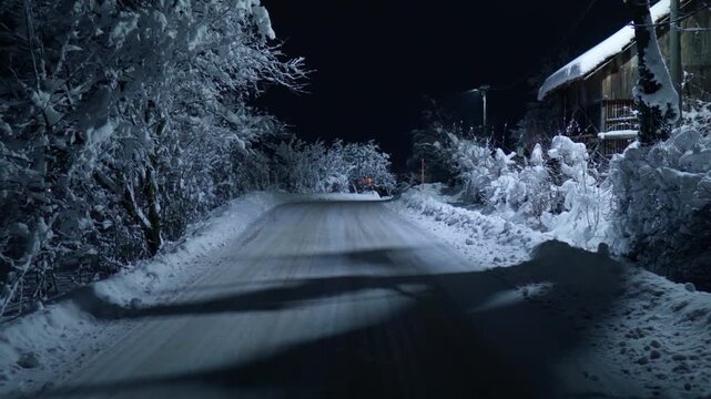 Snowy Rural Road at Night Illuminated by Street Lights