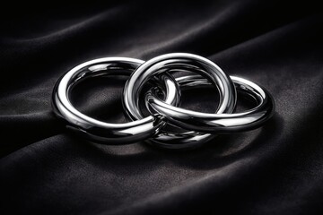 Fototapeta premium Three Interlocking Silver Rings on Black Silk Fabric interlocking rings metal rings