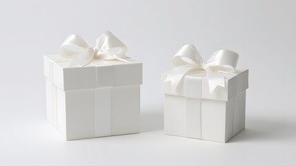 Obraz premium Two Minimalist White Gift Boxes with Satin Ribbons. Luxury Packaging Mockup on a Clean Background