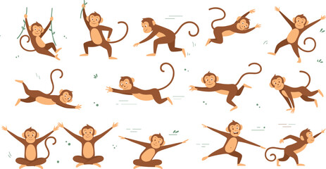 Cute Cartoon Monkey Vector Illustration Set with Funny Primate Characters in Playful Poses for Jungle Wildlife Kids and Animal Designs © MdMojnu