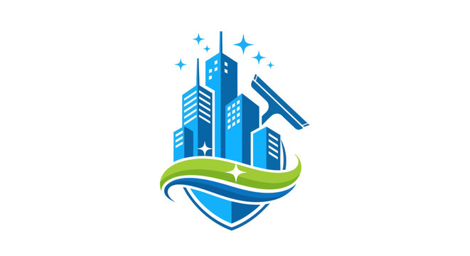 Modern city skyline with cleaning squeegee and sparkling elements.