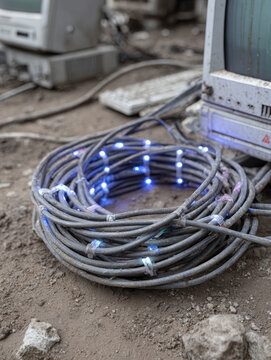 Tangled blue LED light cables on dusty ground near vintage computer