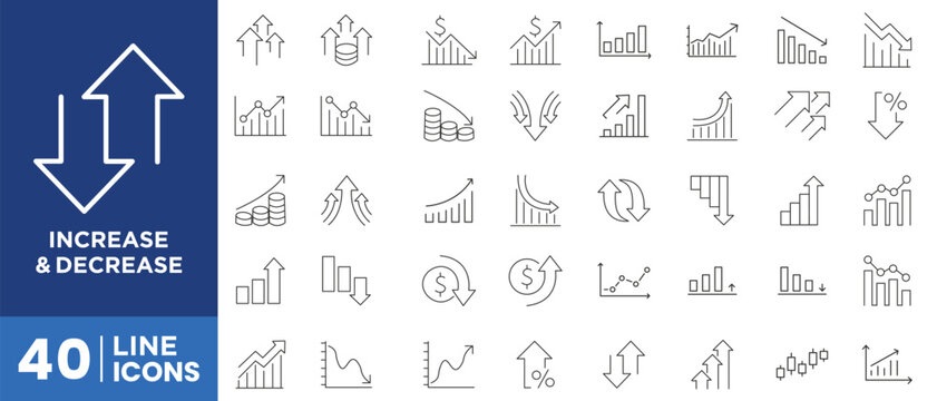 Increase and Decrease icon set. Contains such icons as stock market, profit, launch, Increase, Decrease, Growth, Fall, up, down, and more icons. Vector illustration
