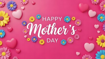 Happy Mother’s Day Greeting Background with Cute Heart Decorations and Floral Elements in Pink Colorful Festive Celebration Card Template Design