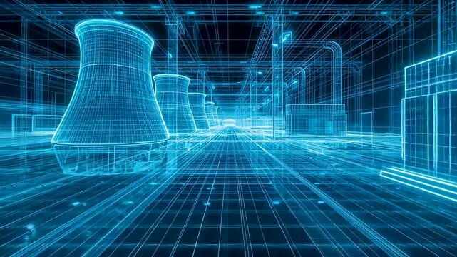 Digital wireframe industrial complex with power plant structures and grid layout showing advanced energy infrastructure and engineering visualization