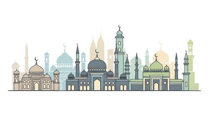 Naklejka premium Architectural elegance: A captivating pastel skyline featuring Islamic mosques and minarets