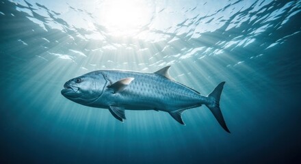 Obraz premium Fish swims in clear, blue water with sun rays penetrating from above