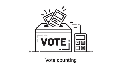 Obraz premium Minimalist black and white line art illustration of a voting box with ballots being cast, representing election and democracy