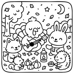 Fototapeta premium A charming black-and-white illustration of a turkey playing guitar, surrounded by forest animals enjoying a cozy autumn gathering.