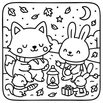 A cozy nighttime scene featuring adorable animals- a fox, a rabbit, and squirrels- celebrating with gifts and lanterns under a starry sky.