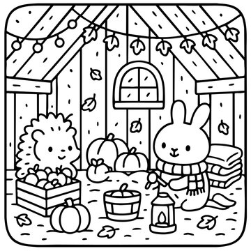 A cozy scene featuring a hedgehog and a bunny surrounded by pumpkins, blankets, and autumn leaves in a rustic cabin setting.