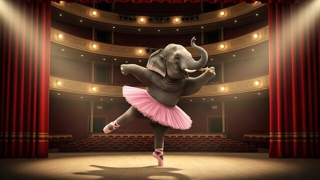 Whimsical Elephant in a Pink Tutu Dancing Ballet on a Theater Stage
