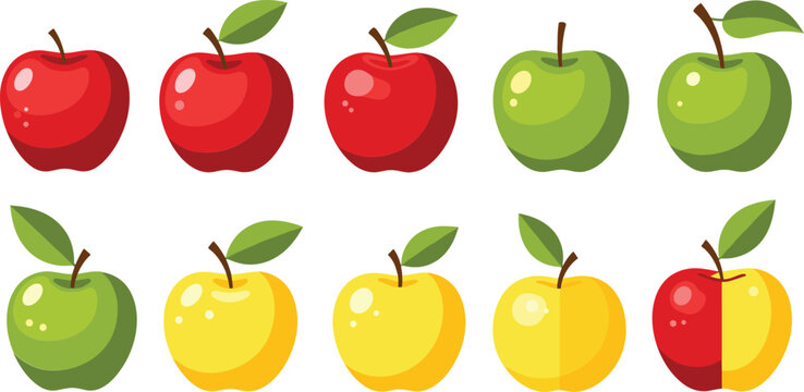 Glossy Apple Fruit Vector Illustration Set with Red, Green, and Yellow Apples for Fresh Healthy Food, Organic Farming, and Nutrition Designs