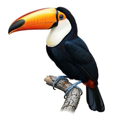 Fototapeta premium A vibrant Toco Toucan with a large orange beak perched on a branch against a clean white background.