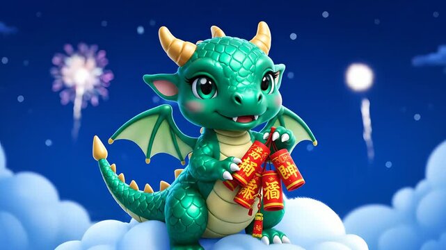Cute green baby dragon holds firecrackers, blinking and smiling on soft clouds against a night sky with celebratory fireworks. Ideal for Chinese New Year, Lunar New Year,