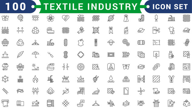 Set of 100 outline icons related to textile industry. Linear icon collection. Editable stroke. Vector illustration