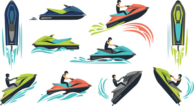 Modern Jet Ski Rider Vector Illustration Set with Dynamic Water Splash Trails for Summer Ocean Sports, Marine Recreation, and Extreme Adventure Designs