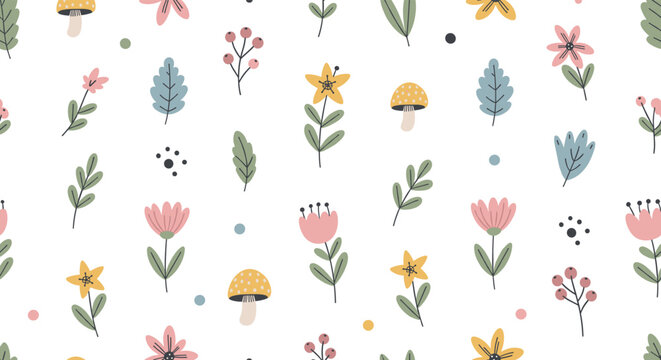 Seamless Floral Pattern Vector Background with Cute Wildflowers, Leaves, Mushrooms, and Botanical Elements for Spring Textile, Wallpaper, and Nursery Designs