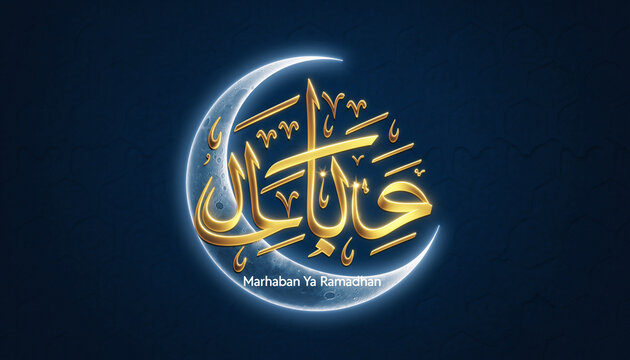 Elegant Arabic Calligraphy Marhaban Ya Ramadhan with Glowing Crescent Moon