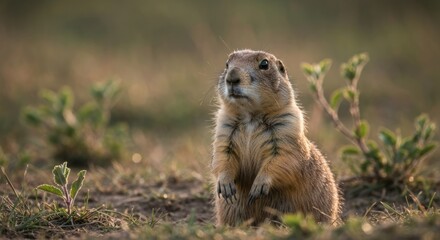 Prairie dog standing alert in grassy field with blurred background